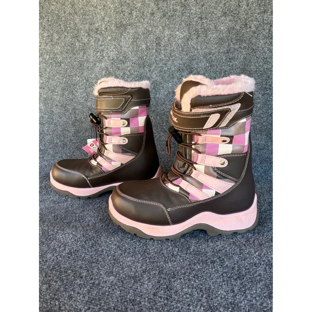 Airwalk Snow Boots Girls Size 1 Pink Brown Plaid Insulated Winter Boots